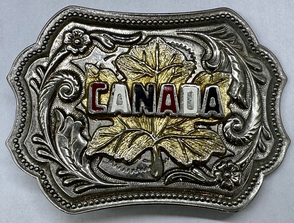 ESTATE SILVER TONE BELT BUCKLE CANADA MAPLE LEAF FLORAL MEN WOMEN UNISEX