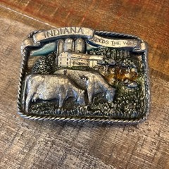 Vtg Bergamont Brass Belt Buckle 1984 Indiana Feeds the World E-26 USA READ