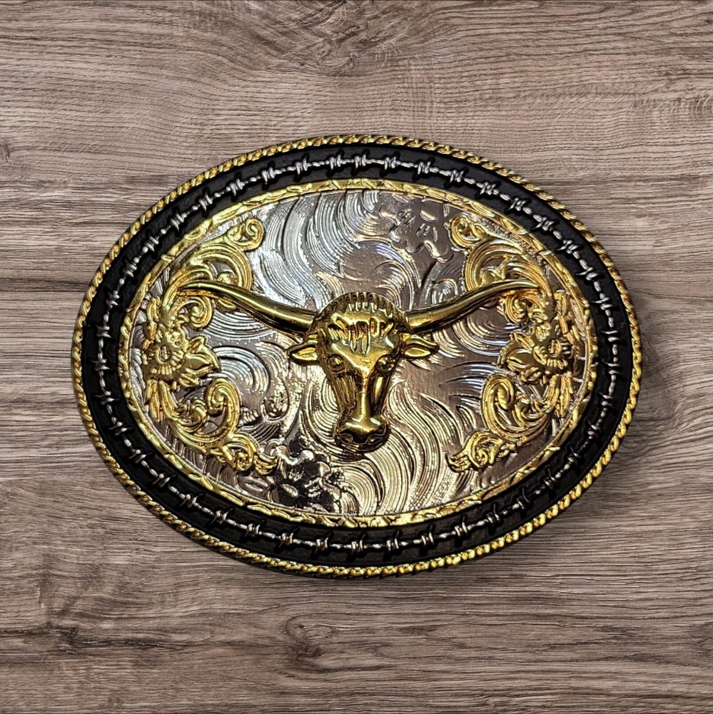 Cowboy Belt Buckle – Long Horn Bull Head 4 1/8&Prime;x 3 1/8&Prime; Silver Tone/Black/Gold