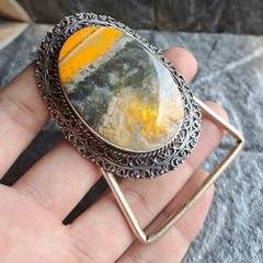 Bumblebee Jasper Oval Silver Plated Belt Buckle Bold Yellow Black Western Unisex