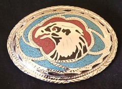 VINTAGE AMERICAN EAGLE BELT BUCKLE WITH TURQUOISE, CORAL & JET MOSAIC INLAY