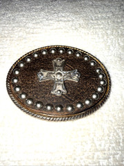 Western Cross Leather Belt Buckle Studded Engraved Oval Made In Spain 2.7 in