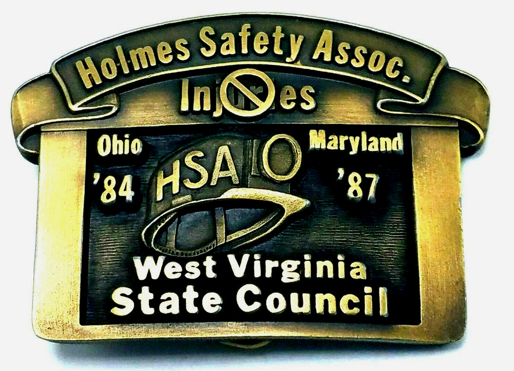 1987 HOLMES SAFETY ASSOCIATION BRASS MINING BELT BUCKLE 3 1/2&Prime; x 2 1/2&Prime; EUC