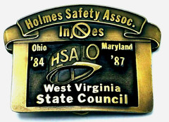 1987 HOLMES SAFETY ASSOCIATION BRASS MINING BELT BUCKLE 3 1/2&Prime; x 2 1/2&Prime; EUC