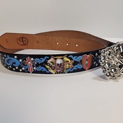 Genuine Leather 3D painted Belt Studs W/ Pile of Skulls Belt Buckle 36&Prime; Grunge