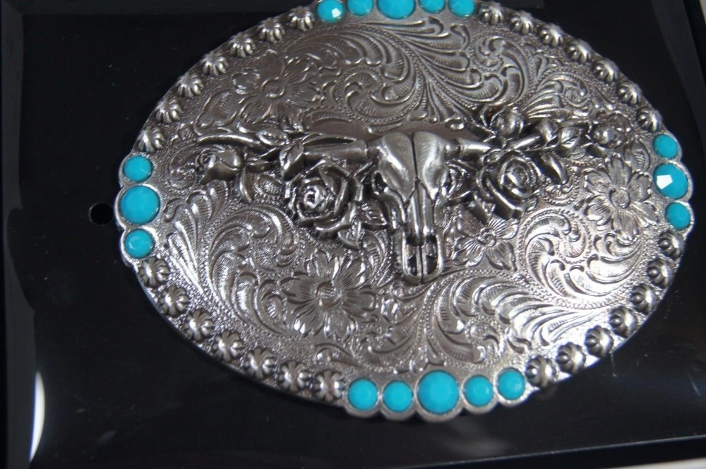 Blazin Roxx Western Oval Longhorn Roses Buckle Silver belt buckle 37959