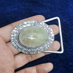 Golden Rutilated Quartz Belt Buckle Silver Plated Handmade Western Cowboy buckle