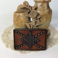 Brass Leather & Studs Belt Buckle~Brown/ Gold Handcrafted ~UNIQUE ~FREE SHIPPING