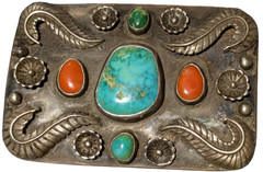 LARGE Southwestern Navajo Sterling 925 Turquoise Coral Belt Buckle vtg OLD PAWN