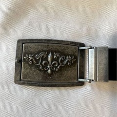 Fleur de Lis reversible pewter type belt buckle. Monogram M on the reverse side