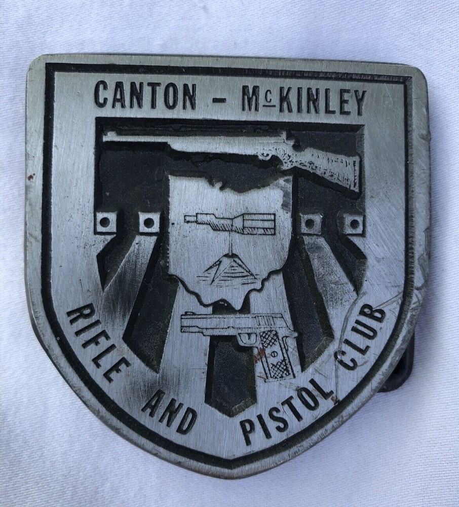 Ohio Canton -McKinley Rifle Pistol Club Shield Shaped Silver Colored Belt Buckle