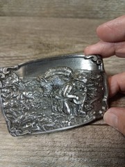 Vintage Bergamot Brass belt buckle 1984 Gold Miner, silver color Made in USA 23f