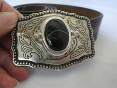 Black Agate Cabochon Stone Buckle & Belt Silver Tone W/ Scroll Accents Size 42