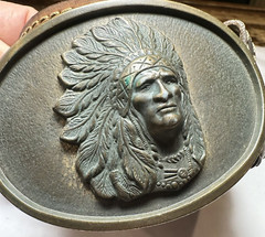 INDIAN CHIEF Belt Buckle BRASS Native American Made in USA Western Vintage VTG