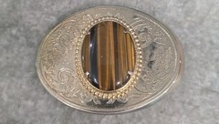 VTG Classic Western Cowboy Cabochon Tigers Eye Stone Gold-Tone Dress Belt Buckle