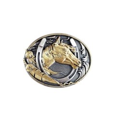 Vintage Style Two-Tone Silver Gold Plated Horse HorseShoe Oval Belt Buckle
