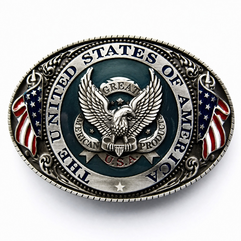 USA Eagle American Flag Belt Buckle Mens Patriotic Western Silver Oval Rodeo