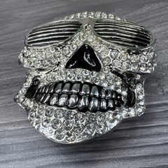 Skull Belt Buckle Wearing Sunglasses Silver Finish Clear Stone