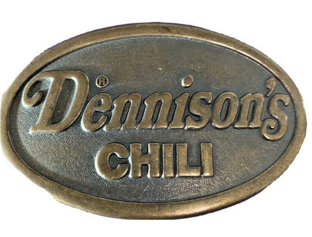 VINTAGE BELT BUCKLE DENNISON&rsquo;S CHILI ADVERTISING OVAL 3.5&Prime; WIDE COUNTRY WESTERN