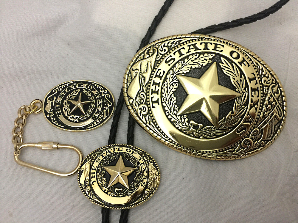 3 piece box set Great Seal of Texas Buckle Belt Buckle, Bolo & Key Ring Gold