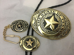 3 piece box set Great Seal of Texas Buckle Belt Buckle, Bolo & Key Ring Gold