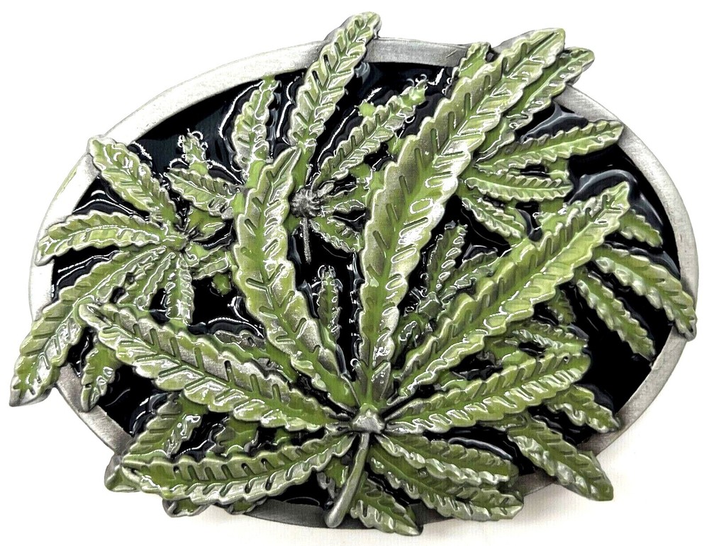 Cannabis Pot Leaf Buds Green & Black Enameled Belt Buckle New
