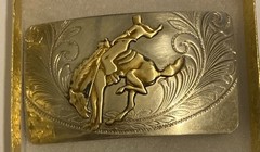 Vintage Metal Belt Buckle, Nickle Silver and Brass, Justin Belt Co, Bronco Busti