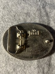 Silver-toned Belt Buckle with Black Enamel and Flying Eagle. Made in USA.