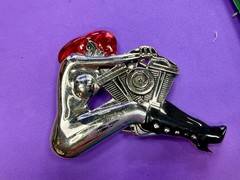 Woman Hugging V-Twin Engine with Red Enamel Hair Novelty Figural Belt Buckle