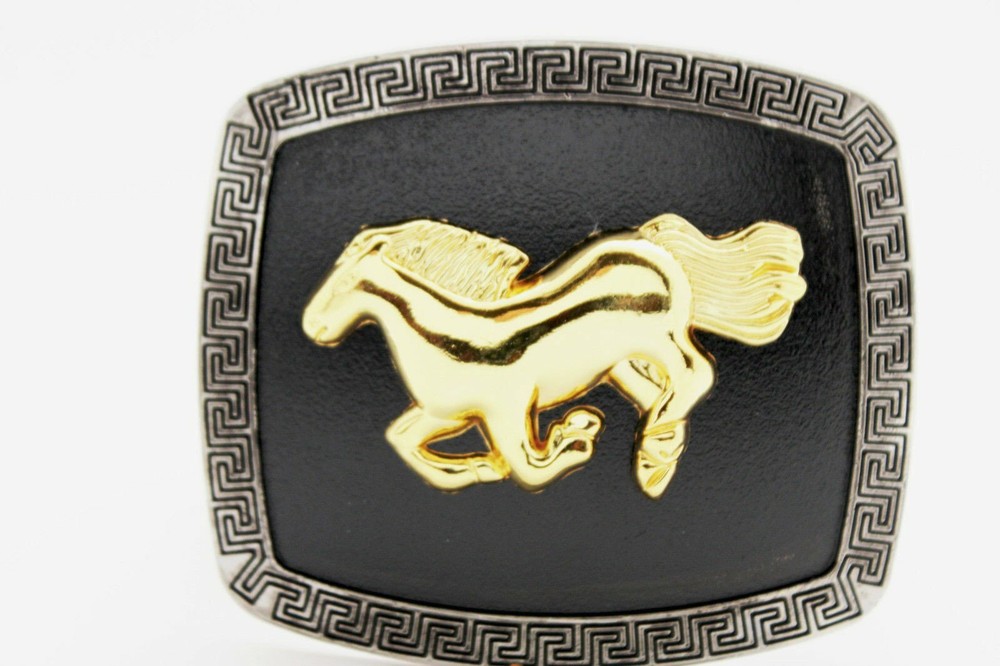 Men Western Belt Buckle Silver Metal Square Cowboy Gold Rodeo Horse Black Fabric