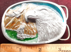 Vintage Large Portrait Eagle Head Enameled Belt Buckle , 1986 C + J
