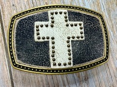 Metallic Theme Religious Cross Studded Design on White Faux Leather Belt Buckle
