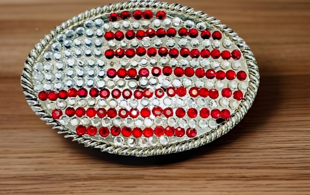 Red White Crystals Rhinestones USA American Flag Large Silver Oval Belt Buckle