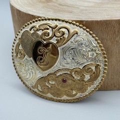 Crumrine Western Belt Buckle Cursive T Ruby Stone Silverplate Over Bronze Buckle