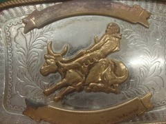 Vintage Nickel Silver Western Bull Riding Belt Buckle Silver Gold Floral 4&Prime;x3&Prime;