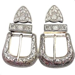 Silver Western Floral Engraved Cowboy Belt Buckle Three Piece Set Unisex 1-1/2&Prime;