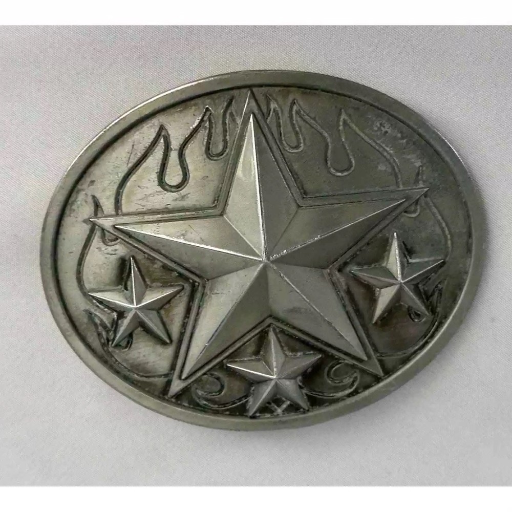 Western Stars Flames Belt Buckle Cowboy Cowgirl Statement Vtg 90s Silvertone