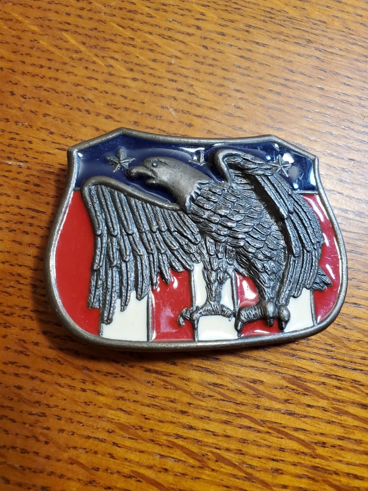 VTG Eagle USA Flag Banner Enamel Red White Blue Belt Buckle America Patriotic