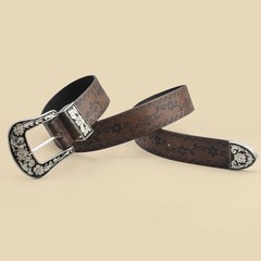 Vintage Carved Buckle Belt for Women Men – Brown Textured Floral Print.