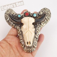 Hand Carved Bull Skull Western Floral Large Belt Buckle with Turquoise & Coral