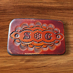 Brown Western Frame Belt Buckle Tooled Floral Embossed Leather/Metal S C