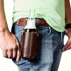 Genuine Leather Beer Bottle Holder Brown Detachable Strap Camping BBQ