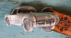 Vintage Bergamot Brass Works 1981 Corvette Belt Buckle 42&Prime; Tooled Leather Belt