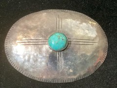 Western Oval Silver-Tone Hammered Belt Buckle w/ Turquoise Stone, Men&rsquo;s
