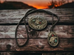 SSI Silver Turquoise Coral American Eagle Feathers Flower Belt Buckle & Bolo Tie