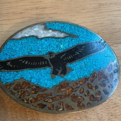 Vintage Men&rsquo;s Western Oval Metal Belt Buckle Eagle Inlay Blue