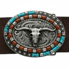 NEW Men Dark Silver Metal Belt Buckle Western Fashion Bull Long Horn Oval Shape