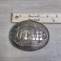 Vintage Utah Belt Buckle Silver Tone Floral Scroll Swirl Western Oval