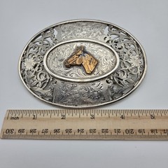 Men&rsquo;s Western Large Ornate Silver Overlay Belt Buckle With Copper Horse