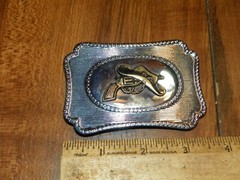 Vintage Chrome Belt Buckle Brass Six Shooter & Cowboy Hat